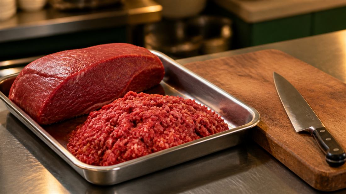 赤身の牛肉とその日に挽いたミンチ