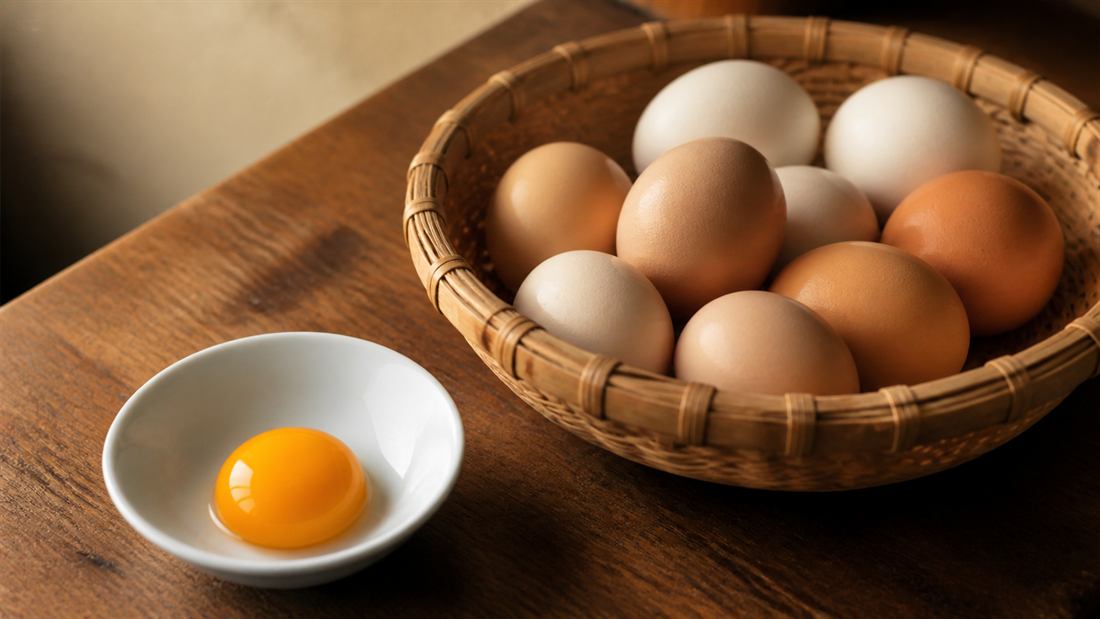 かごに入った平飼いの卵と、割った卵黄