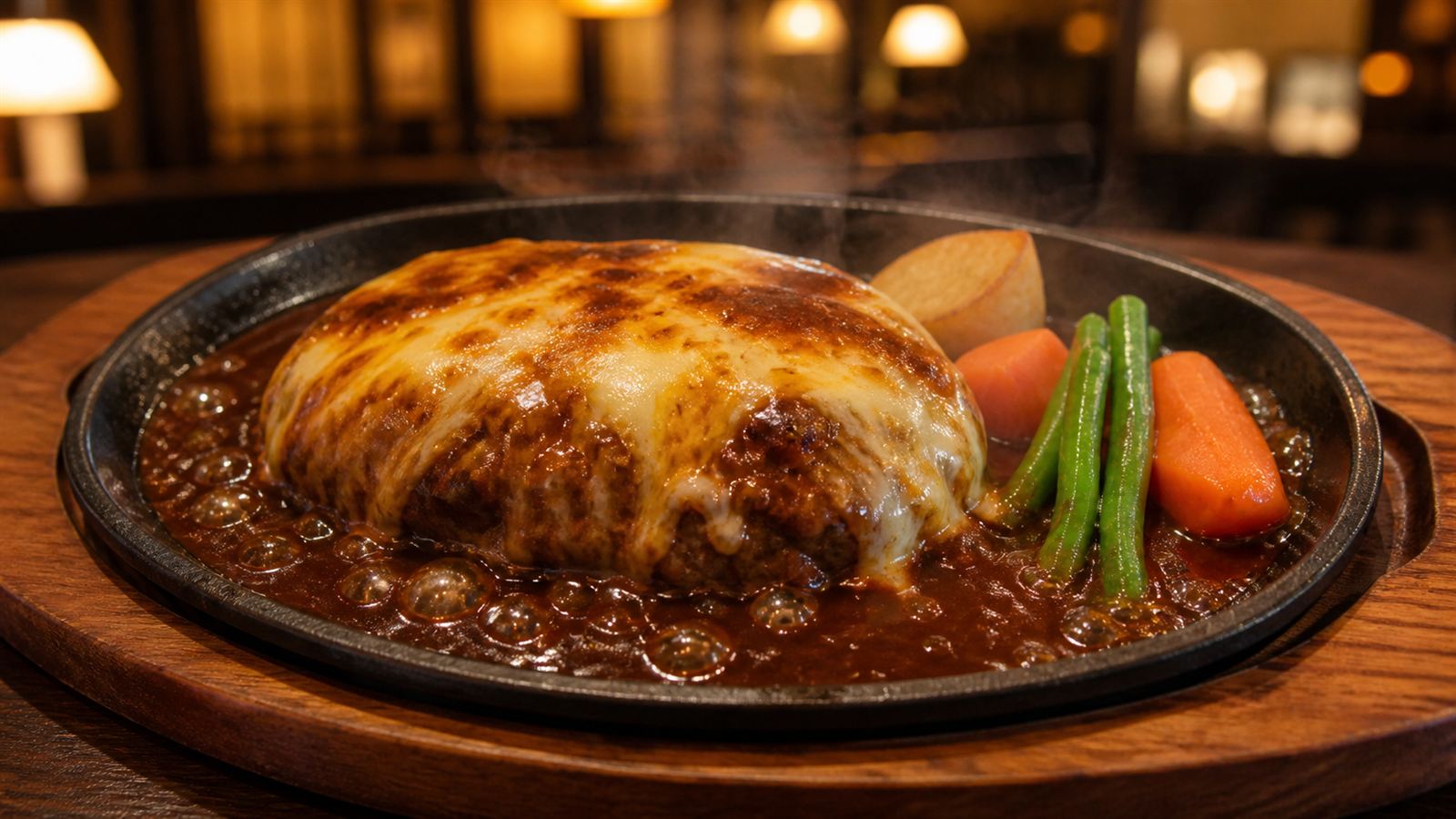 鉄板の上で焼き上げたチーズハンバーグ