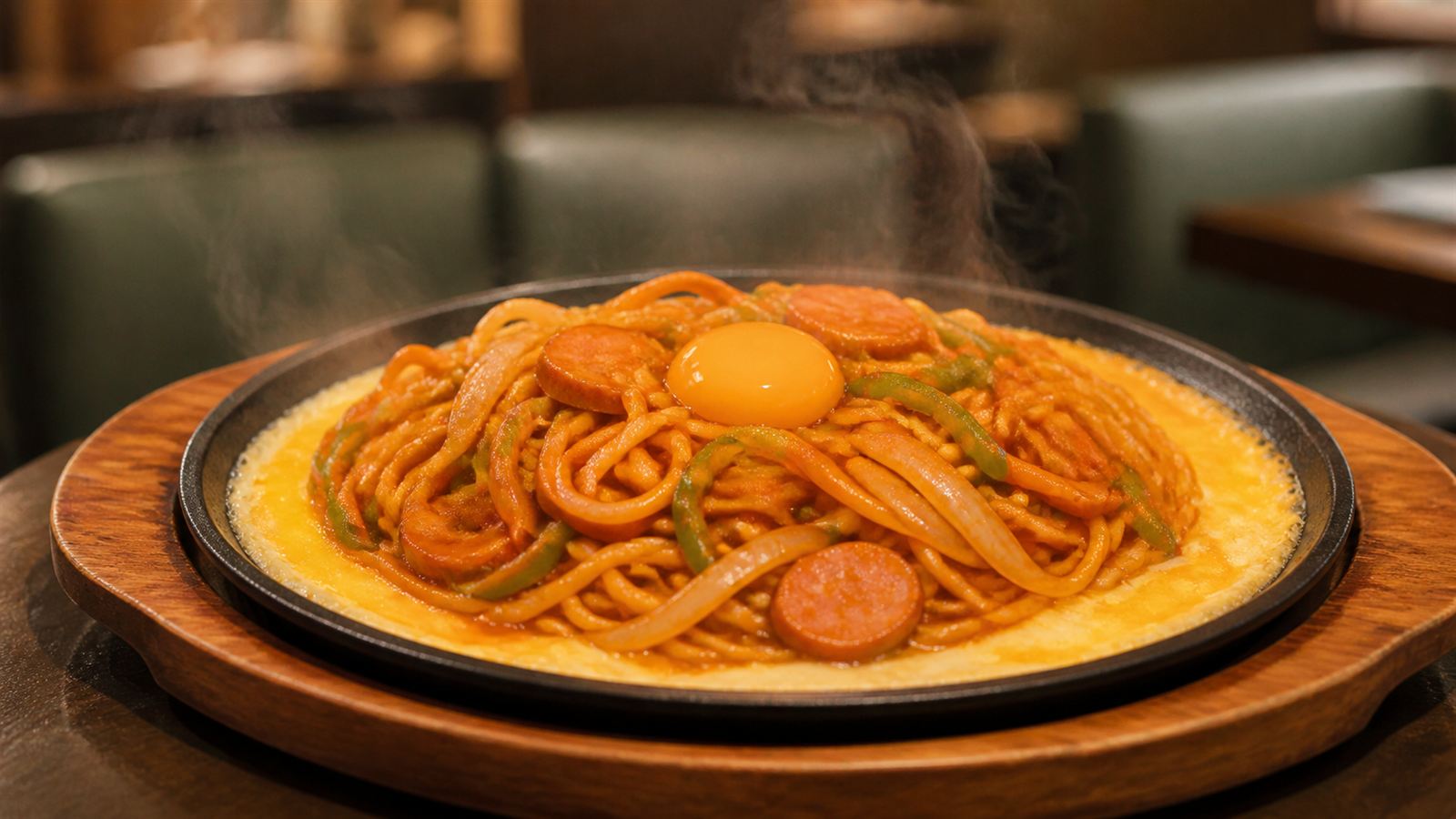 麺の上に生卵をのせた鉄板イタリアンスパゲッティ